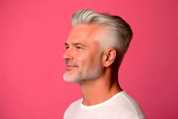Fototapeta premium Conceptual art of style for aging men. A masculine beauty with a relaxed and happy expression. Chic men's mullet haircut - midlife arabian man with short hair. Pink solid background.