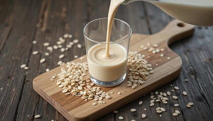 Pouring Oat Milk into a Glass with Oat Flakes on a Wooden Board