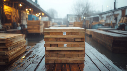 Close-up of wooden planks stacked in workshop warehouse, natural wood patterns, carpentry and renovation supplies 