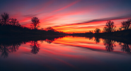 Obraz premium Vibrant Sunset Reflecting on Calm Lake Waters