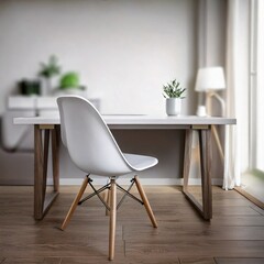 Silla de oficina frente a escritorio vacío en entorno luminoso