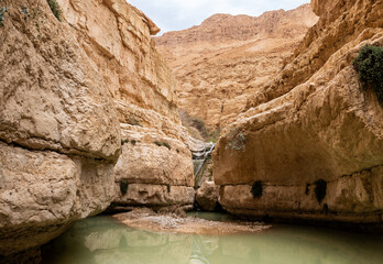 Small  waterfall and a small lake in Arugot Stream Nature Reserve near Dead Sea in southern Israel