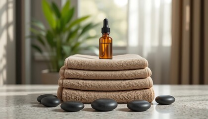 Relaxing Spa Still Life with Essential Oil, Towels and Hot Stones