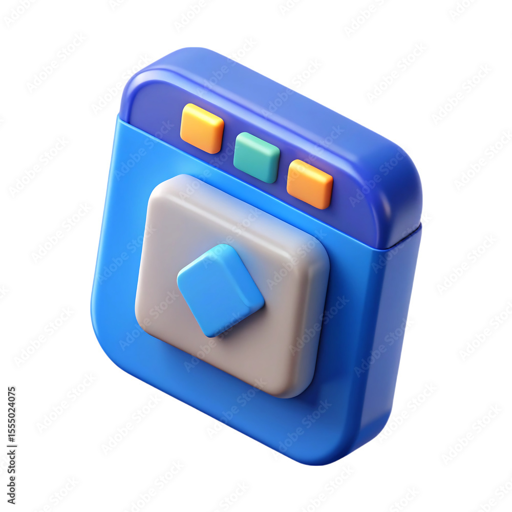 Poster 3d rendered stylized camera icon with colorful buttons on a black background