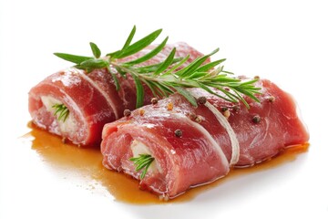 Two prosciutto rolls filled with white cheese and herbs garnished with rosemary and peppercorns served with a sauce