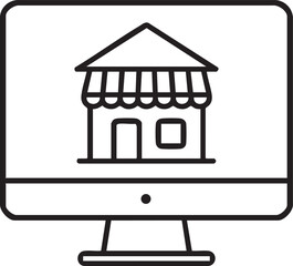 Online Shopping Concept A Storefront Icon Displayed on a Computer Monitor Screen in Black and White