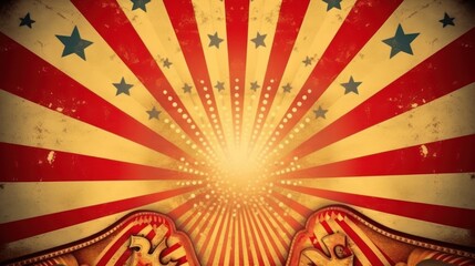 Grunge vector illustration with sunburst rays and stars, a vintage red sun pattern backdrop