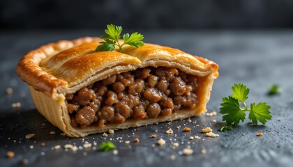 Delicious savory meat pie cut open with fresh parsley garnish