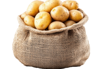Freshly harvested potatoes in a burlap bag ready for cooking or baking, adding to a wholesome meal prepared at home or in a restaurant kitchen
