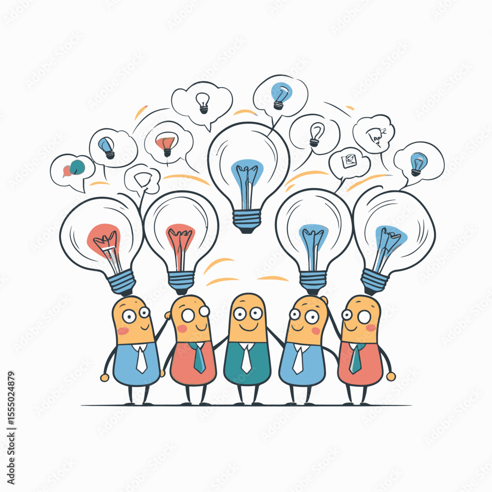 Poster a cartoon of five figures with lightbulbs instead of heads standing in a row with thought bubbles ab
