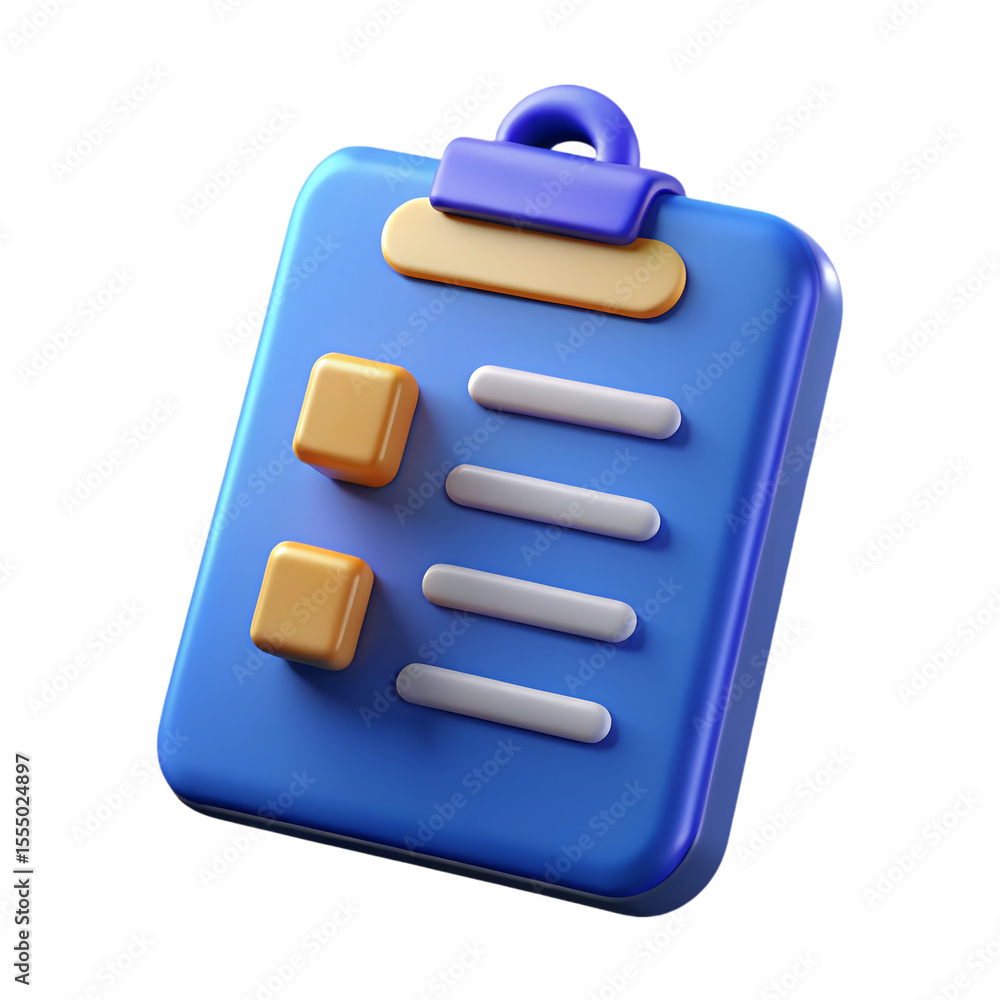 Poster blue 3d rendered clipboard icon with buttons and checklist elements on black background