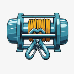 A teal winch with yellow cable and dual hooks set against a white backdrop