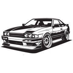 JDM Street Racer Vector &ndash; Custom Modified Drift Car Illustration in Black and White Style