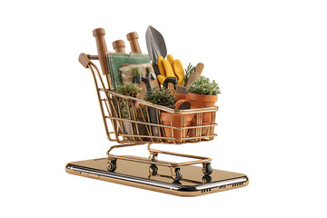 Gardening supplies in a shopping cart on a phone screen.