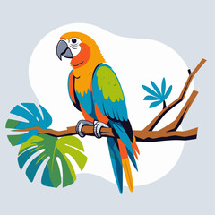 A vibrantly colored parrot perches on a branch with tropical leaves against a light backdrop