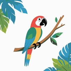 A colorful parrot perches on a branch amidst stylized tropical foliage against a white background