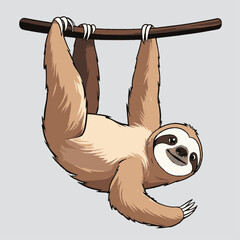 A cartoon sloth hangs upside down from a brown branch with its claws