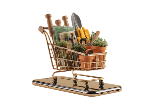 Gardening supplies in a shopping cart on a phone screen.