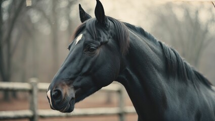Fototapeta premium A close-up portrait of a black horse outdoors with trees and a wooden fence in the background.