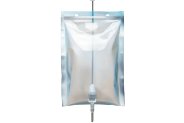 Medical intravenous IV bag displayed on a transparent background for healthcare and pharmaceutical usage with sterile design features