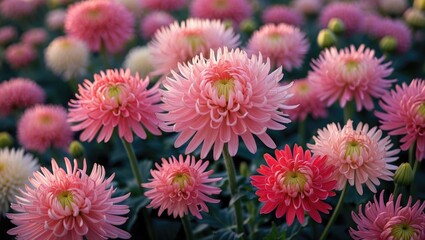 Fototapeta premium Pink dahlias in a garden with lush green leaves and vibrant blossoms.