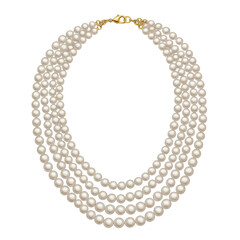 Obraz premium Elegant multi-layered pearl necklace with golden clasp on a white background, ideal for fashion displays