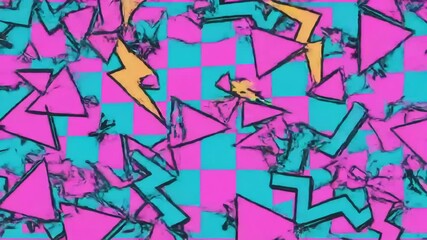 Abstract backdrop with blue/pink checkerboard and pink triangles, outlined in black, and some light teal shapes - Powered by Adobe