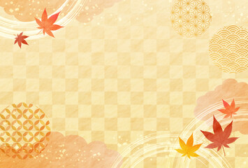秋　紅葉と和柄の和風　和紙の背景