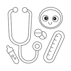 Health checkup icons hand drawn set cute coloring page for kids 