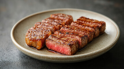 Obraz premium juicy grilled steak served on white rectangular plate with minimal garnish 