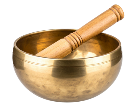 Copper meditation singing bowl with wooden mallet isolated on transparent PNG