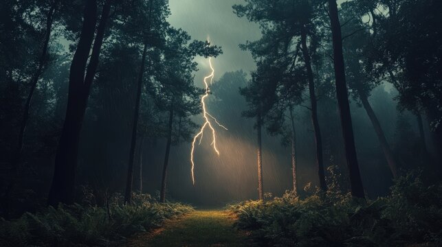 A striking bolt of lightning illuminates a dark forest surrounded by tall trees and lush greenery during a storm.