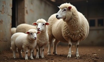 Obraz premium Nurturing Ewe with Twin Lambs in Rustic Farm Setting
