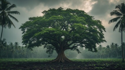 Large tree in a lush green landscape with palm trees, under a cloudy sky. Forest environment, nature scenery.