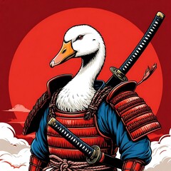 A Noble Fowl Warrior in Japanese Armor against a Red Sun