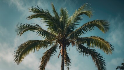 Fototapeta premium A palm tree against a blue sky with clouds.