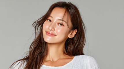 Youthful Asian Woman with Radiant Complexion and Glossy Lips in Minimalist Beauty Portrait. Copy space for branding