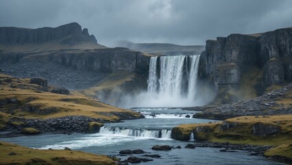 A waterfall cascading down cliffs into a river in a rugged landscape with cloudy skies and moss-covered rocks.