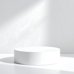  Minimalist White Cylindrical Podium on Reflective Surface with Soft Gray Background