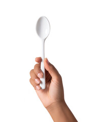 Hand Holding a White Plastic Spoon Isolated on White