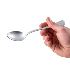 Hand Holding a Metal Spoon Isolated on White