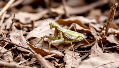 a praying mantis camouflaged among dry brown leaves, sharp focus on its triangular head, earthy jungle background with subtle shadow