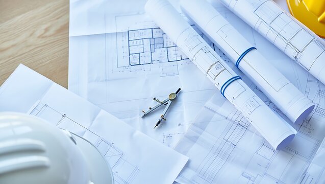 Construction Project Planning and Blueprint Design on a Wooden Table with Safety Helmets