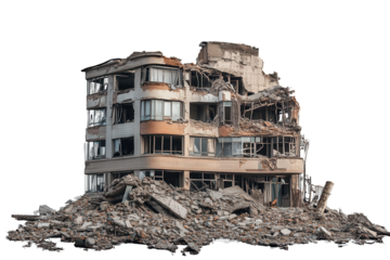 Destruction of a multi-story building with debris surrounded by an isolated area showcasing severe damage and neglect in an urban environment