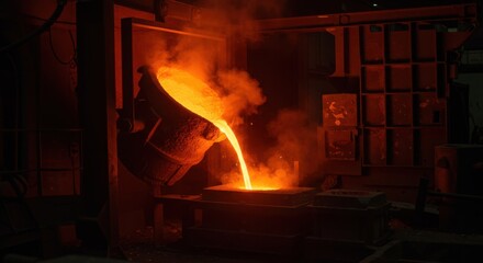 Molten metal pouring from furnace in industrial foundry setting  