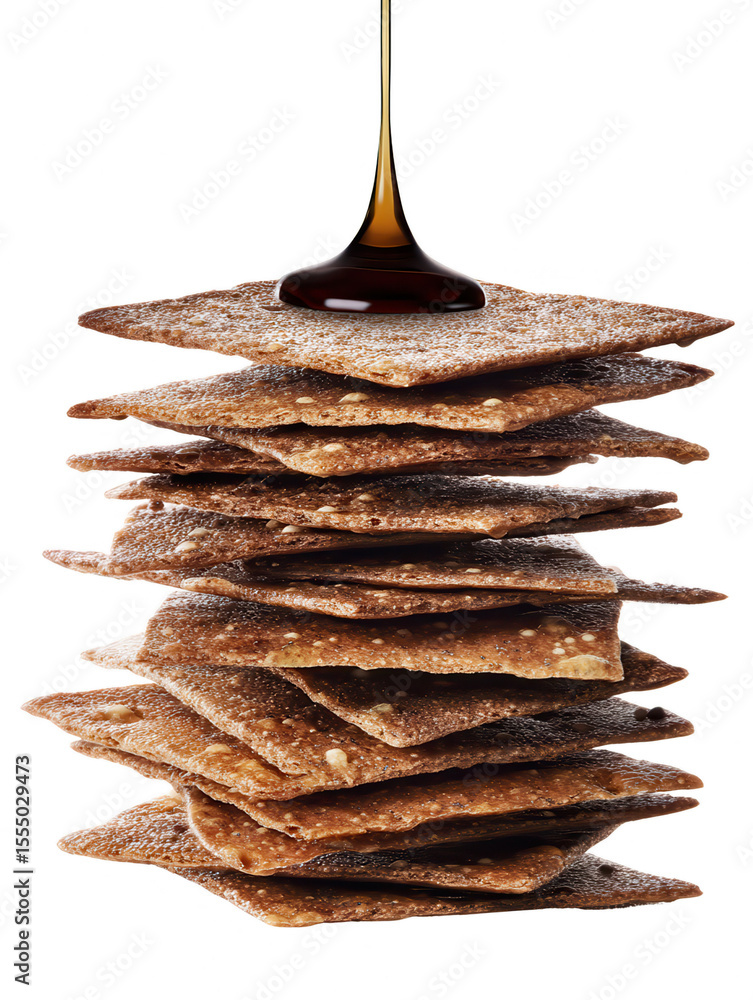 Poster stack of crackers with honey drizzle isolated on white