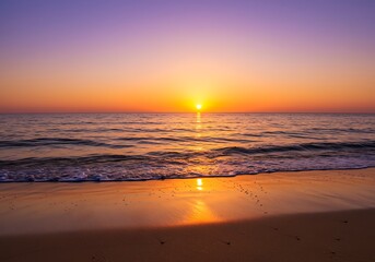 Obraz premium Serene Sunset Beach: Golden Hour Ocean Waves, Tranquil Coastal Scene, Warm Color Palette