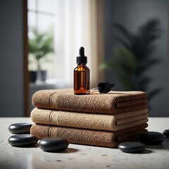 Spa treatment setup with essential oil bottle, towels, and massage stones