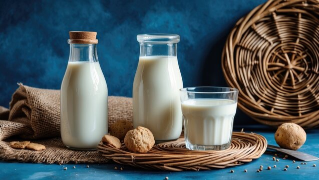 Bottles of milk with cookies and nuts on a textured surface against a dark blue background.