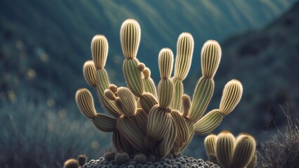 Fototapeta premium Cactus plant with multiple arms growing in a natural environment. Desert flora and succulent growth. The cactus as a desert plant.